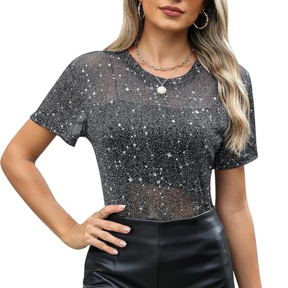 NEW Nashville Mesh Sheer Sparkly Top Glitter Star Sheer Tops Tee Shirt Large L.
